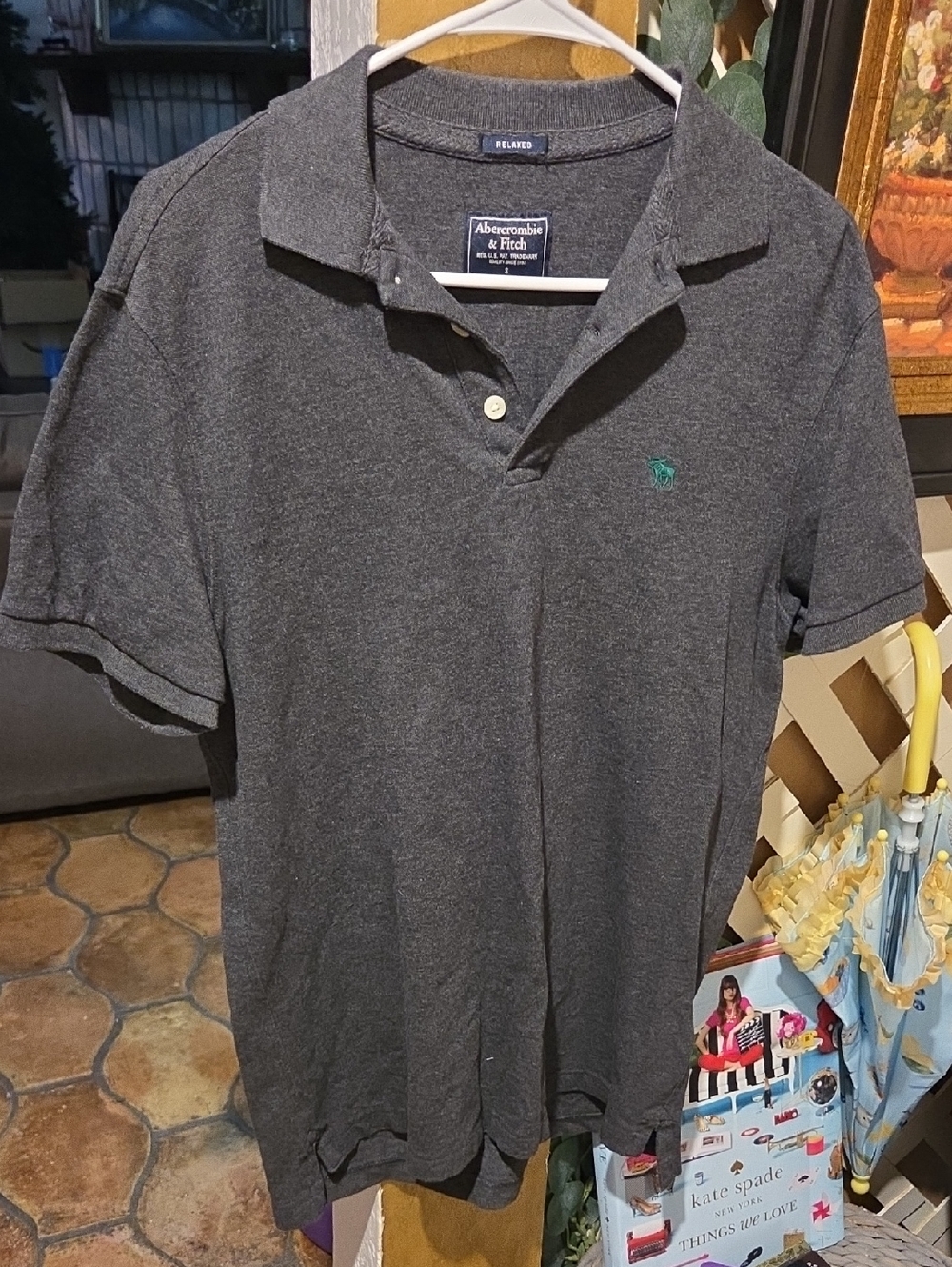 Abercrombie & Fitch Men's Charcoal Gray Polo with Teal Logo